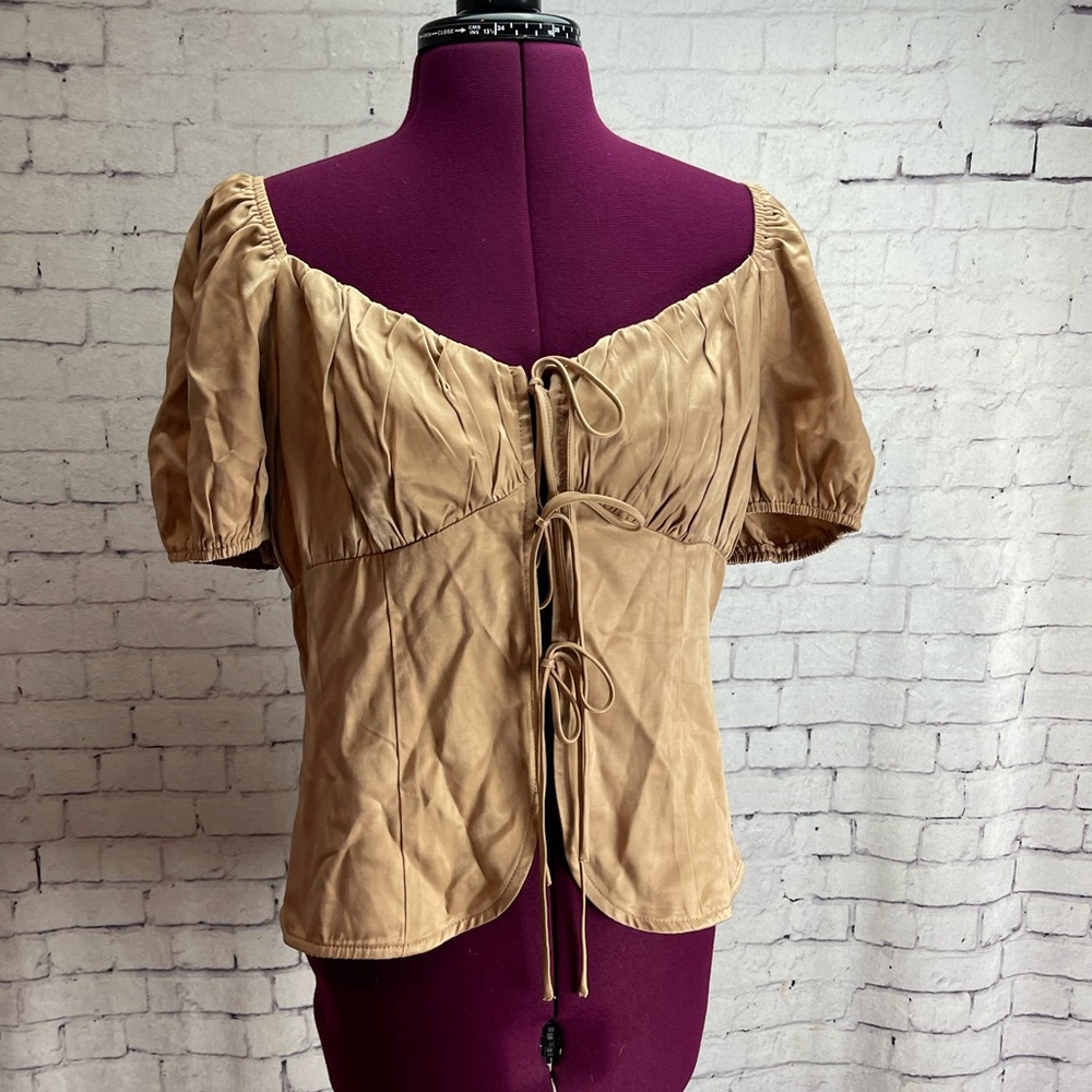Sophie Rue tan satin tie front puff sleeve blouse size large